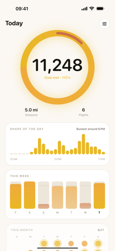 Footfall today screen showing step count